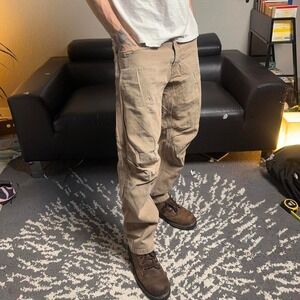 beautifully distressed Off Grid tan cargo pants with nice fit